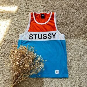 Stussy Stripped Blue Orange Tank Tee Big Logo Mens Size M